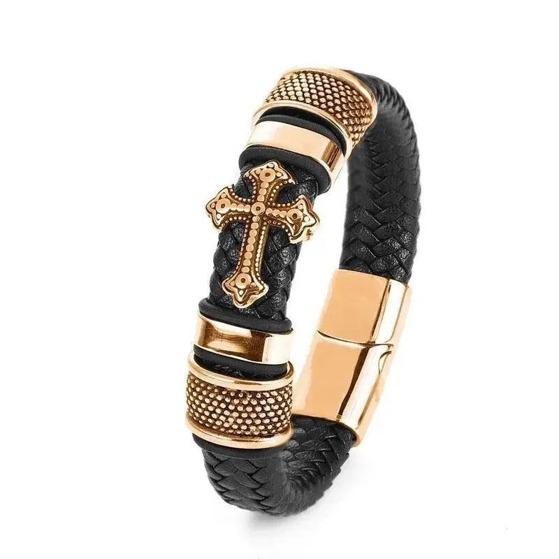 Bracelet en cuir noir et acier – Motif croix décorative