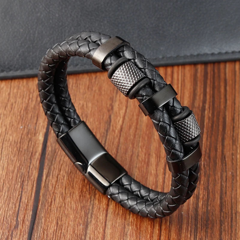 Bracelet Mixte en Cuir Véritable & Perles oeuil de Tigre, Fermoir Acier Inoxydable Magnétique