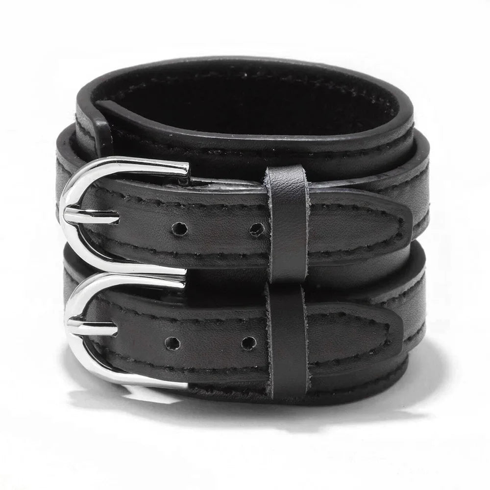 Bracelet Large en Cuir Véritable pour Homme et Style Punk Réglable avec Double Boucle
