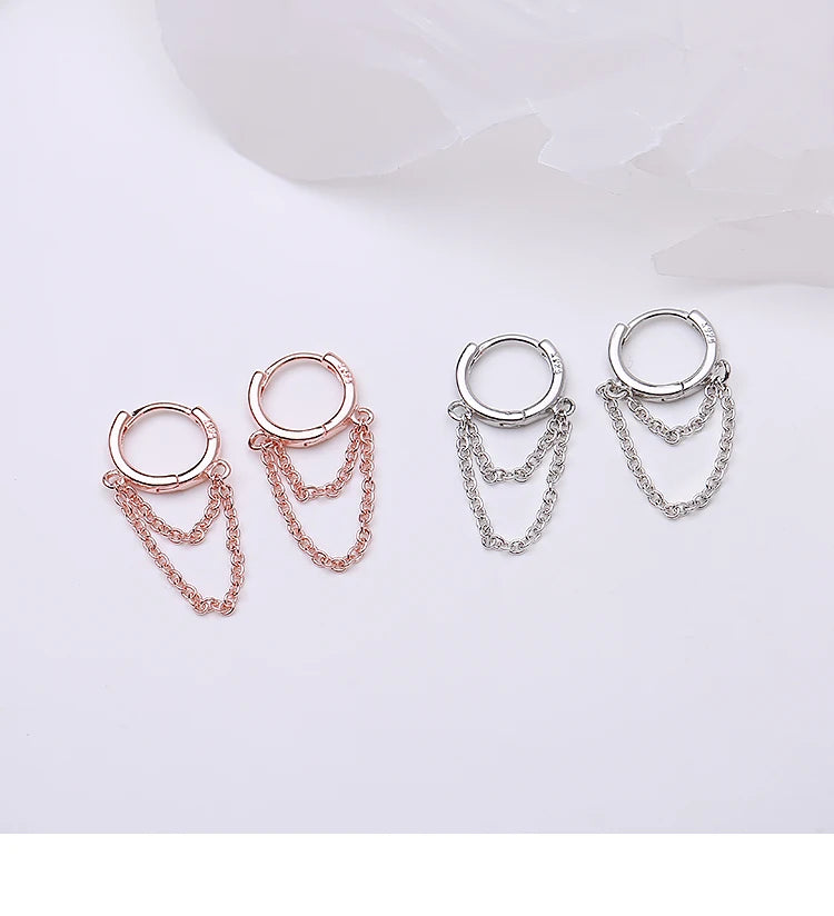 Boucles d’Oreilles Anneaux Argent 925 à Doubles Chaînes – Style Moderne et Minimaliste