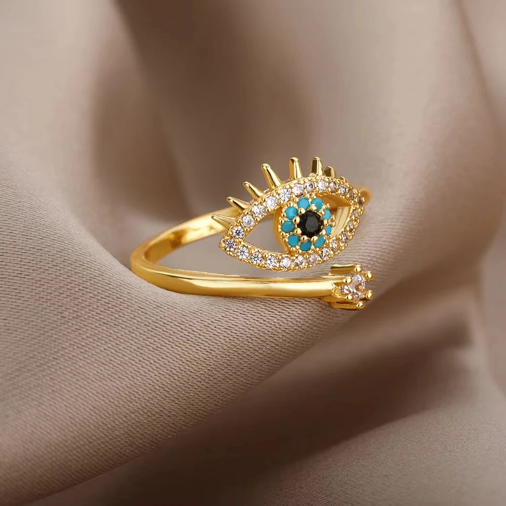 Bague œil Protecteur – Acier Inoxydable Doré, Ajustable, Design Géométrique avec Zircone