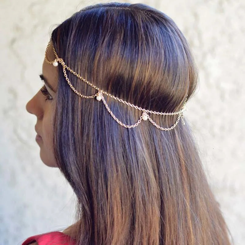 Chaîne de tête bohème perles dorées – Bijou de cheveux pour femme, mariage, soirée ou festival