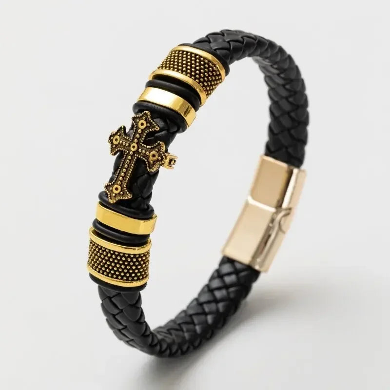 Bracelet en cuir noir et acier – Motif croix décorative
