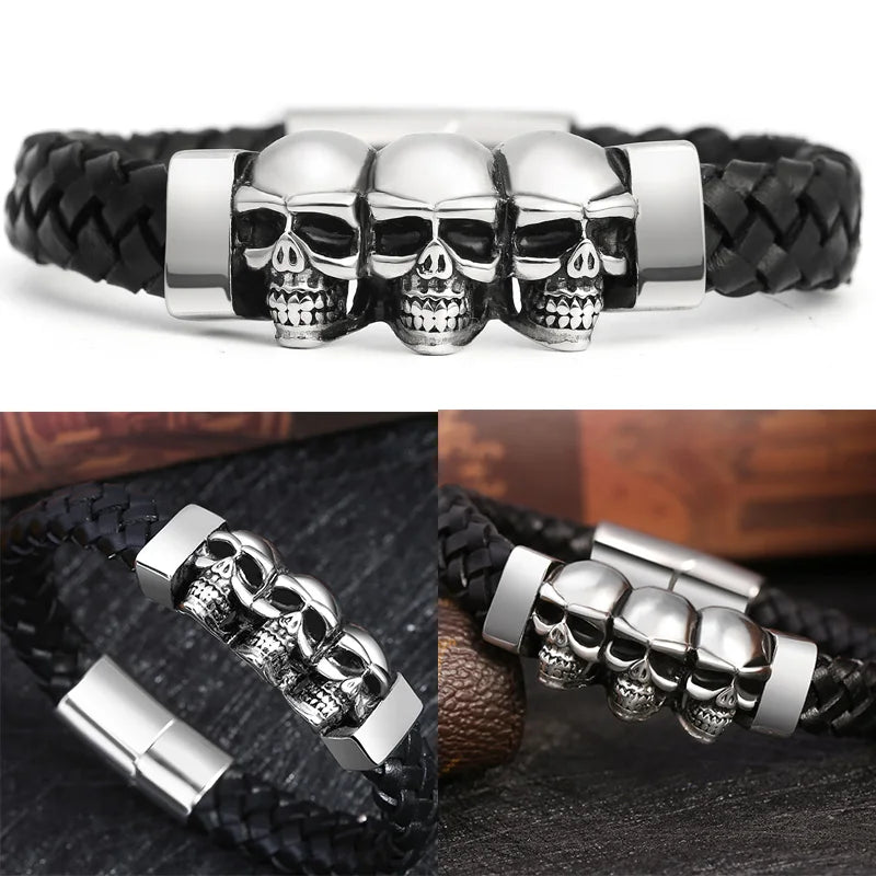 Bracelet Cuir Noir Tressé Homme et Style Punk à Fermoir Magnétique en Acier Inoxydable