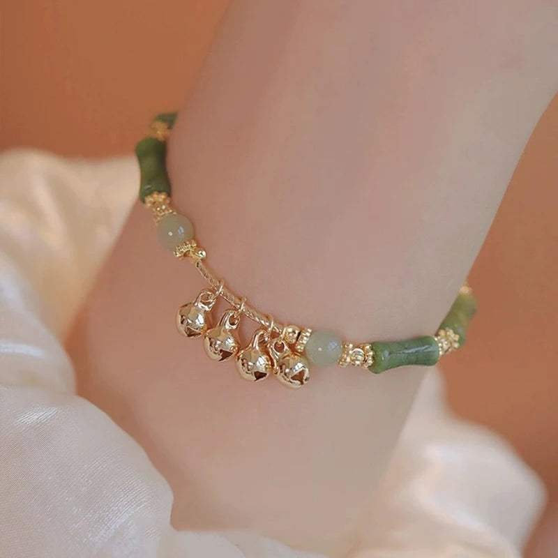 Bracelet femme style bambou argenté avec cloche pendante, bijou rétro chinois