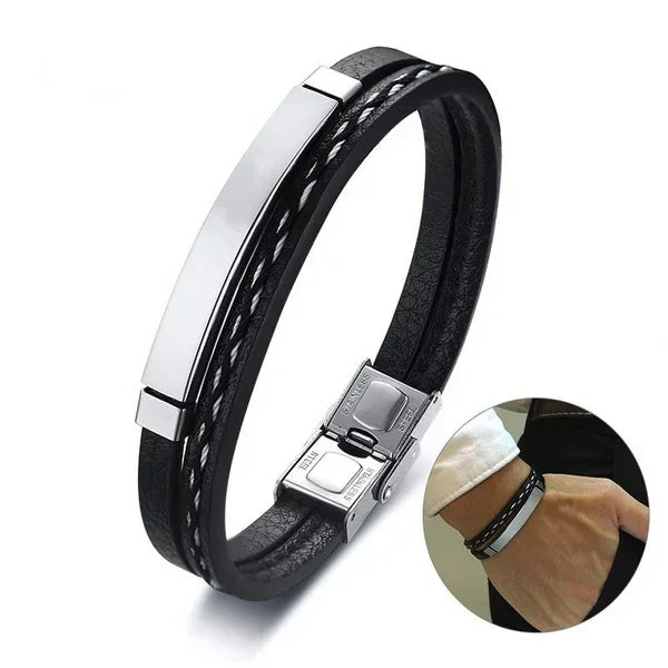 Bracelet Homme Cuir Tressé et Acier Élégance Contrastée