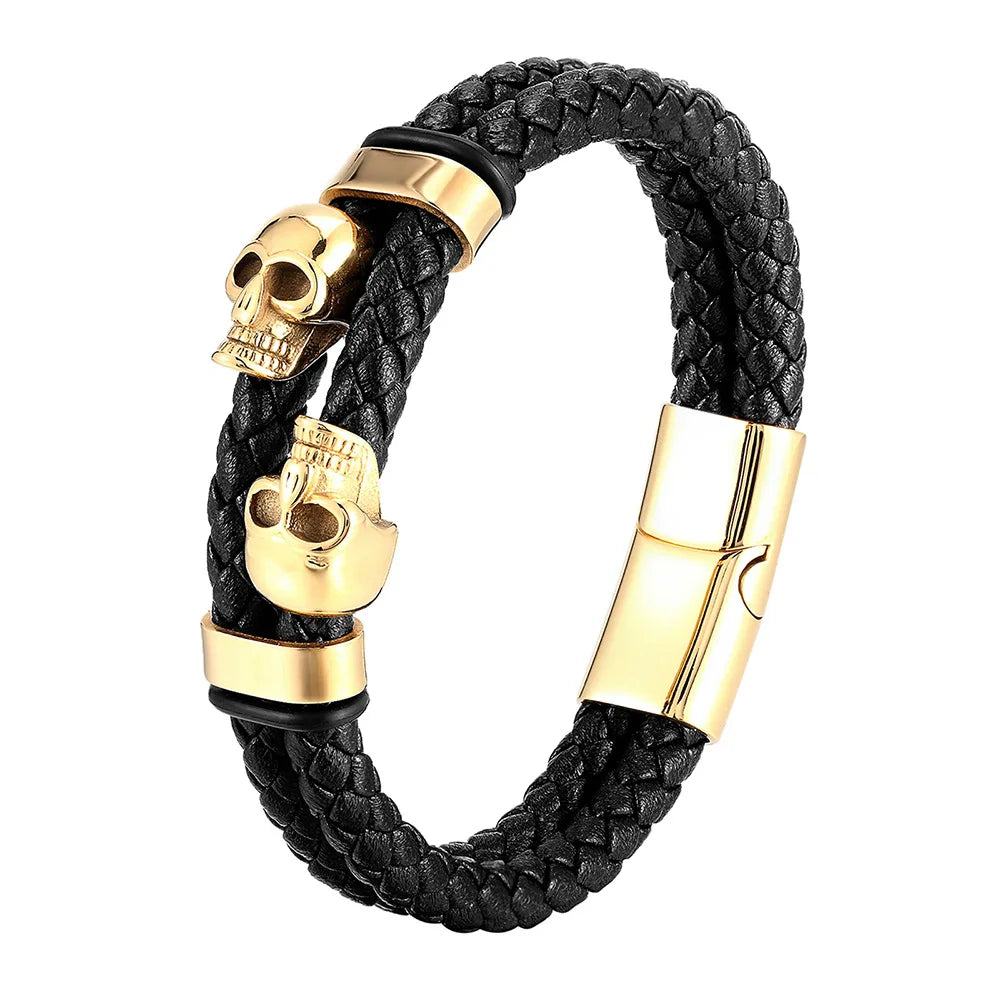 Bracelet Cuir Noir Tressé Homme et Style Punk à Fermoir Magnétique en Acier Inoxydable