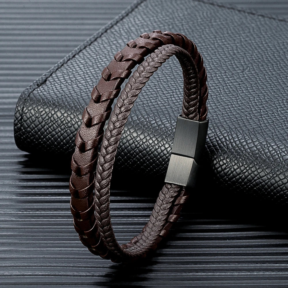 Bracelet Homme Cuir Tressé Noir et Fermoir Acier Inoxydable Magnétique et Élégance Discrète