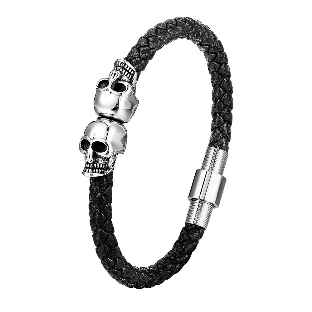 Bracelet Cuir Noir Tressé Homme et Style Punk à Fermoir Magnétique en Acier Inoxydable