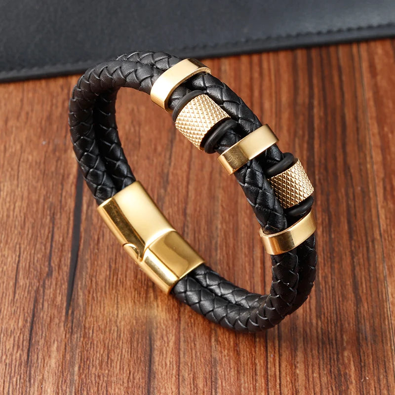 Bracelet Mixte en Cuir Véritable & Perles oeuil de Tigre, Fermoir Acier Inoxydable Magnétique