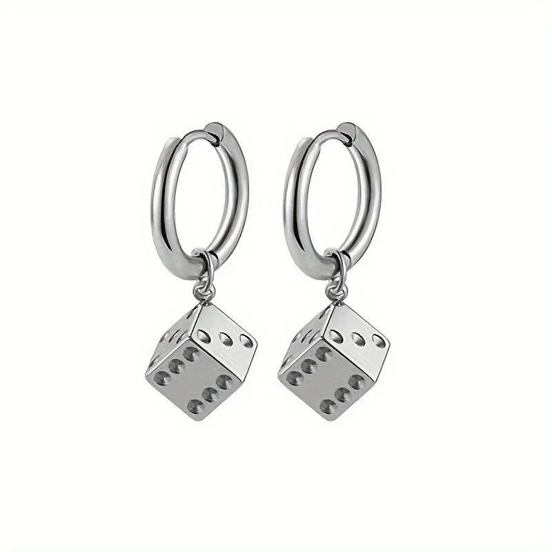 Boucle d’oreille Dé pour homme – Acier inoxydable argenté, style tendance