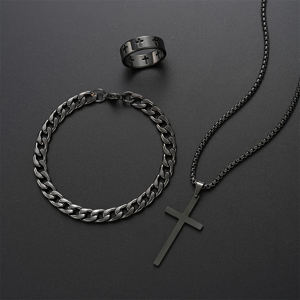 Set 3 en 1 Homme – Collier Croix, Bracelet et Bague en Acier Inoxydable