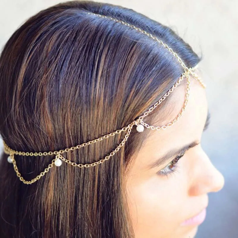 Chaîne de tête bohème perles dorées – Bijou de cheveux pour femme, mariage, soirée ou festival