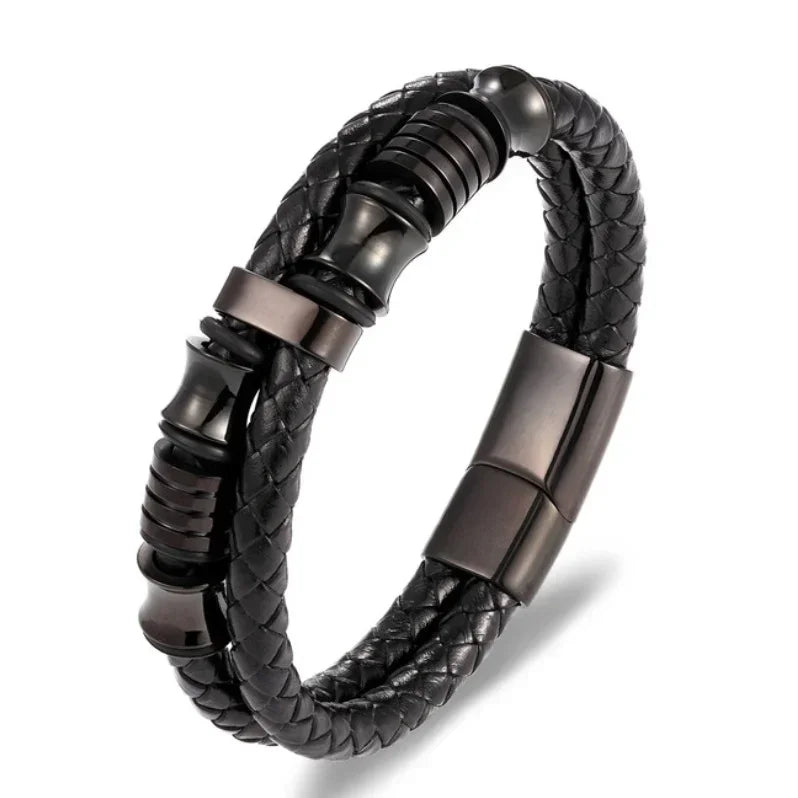 Bracelet en cuir noir et acier – Motif croix décorative