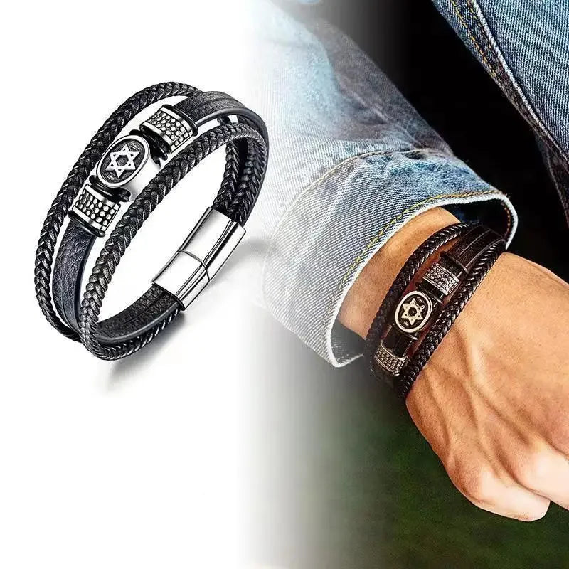 Bracelet en cuir noir et acier – Motif croix décorative