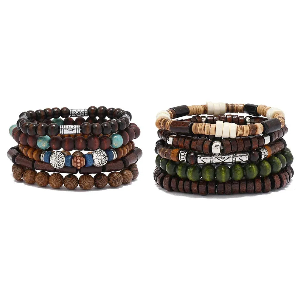 Bracelet Homme Bohème – Ensemble de Bracelets en Bois Naturel Tendance et Fait Main