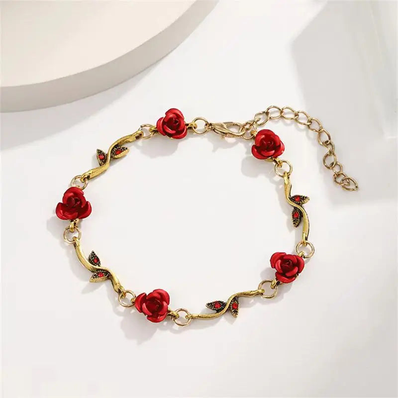Vintage French Rose Flower Bracelet Set for Women EuropeAn-American Ins Personality Temperament Red Rose Jewelry Heritage Chic