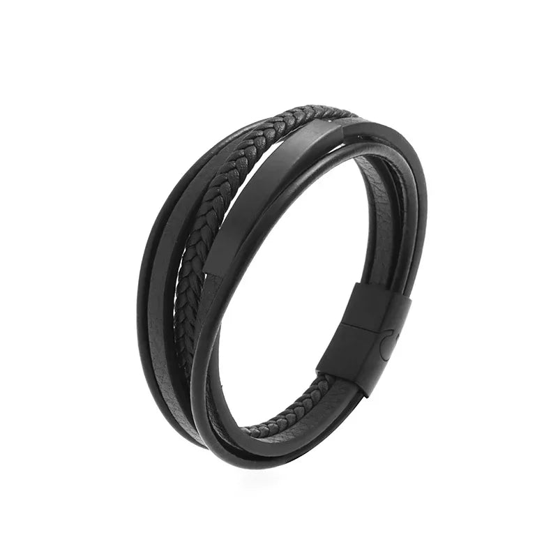 Bracelet en cuir noir et acier – Motif croix décorative