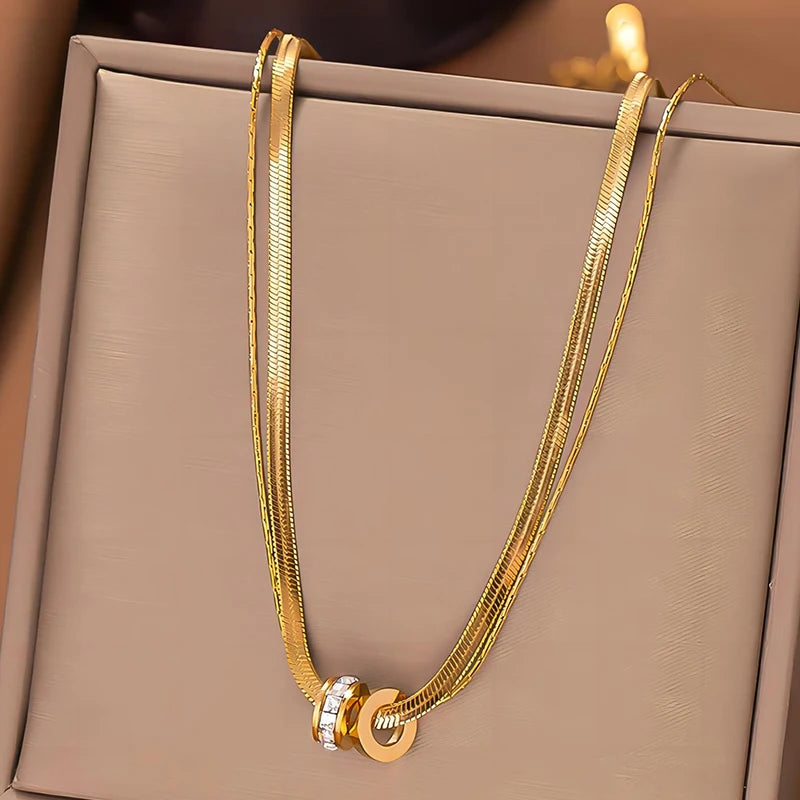 Collier double rang en acier inoxydable – Pendentif cristal élégant pour femmes, chaîne clavicule chic