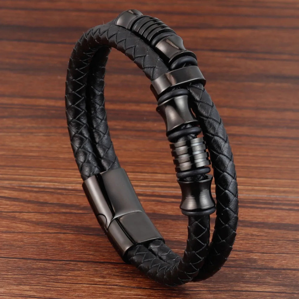Bracelet Mixte en Cuir Véritable & Perles oeuil de Tigre, Fermoir Acier Inoxydable Magnétique