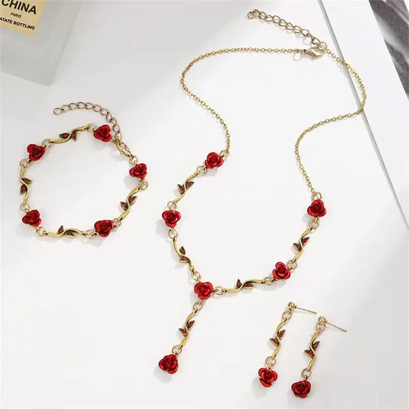 Vintage French Rose Flower Bracelet Set for Women EuropeAn-American Ins Personality Temperament Red Rose Jewelry Heritage Chic