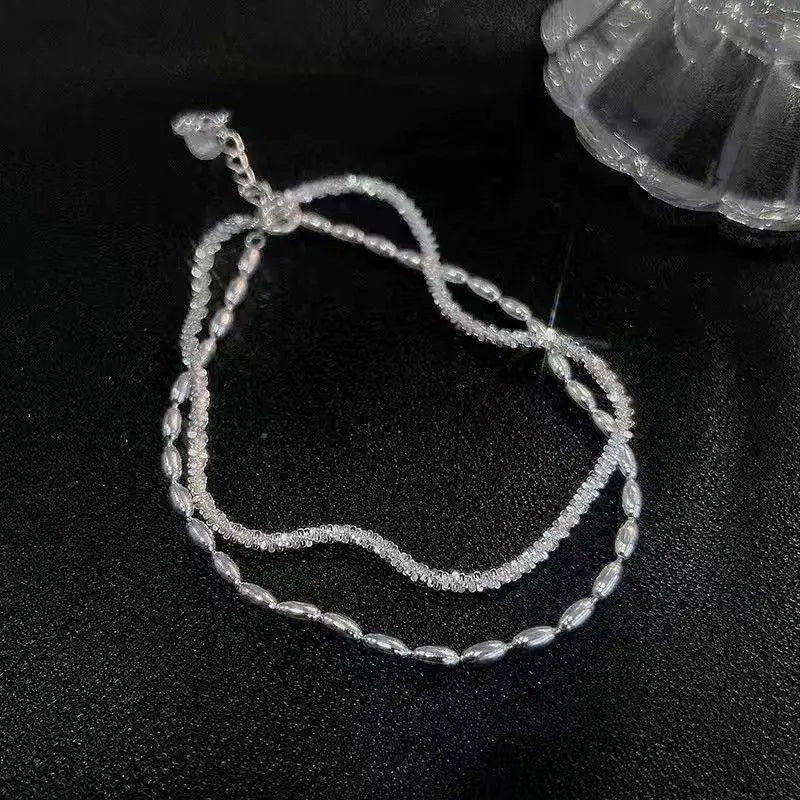 Bracelet Femme Argenté 925 – Double Chaîne Brillante Ajustable Style Coréen