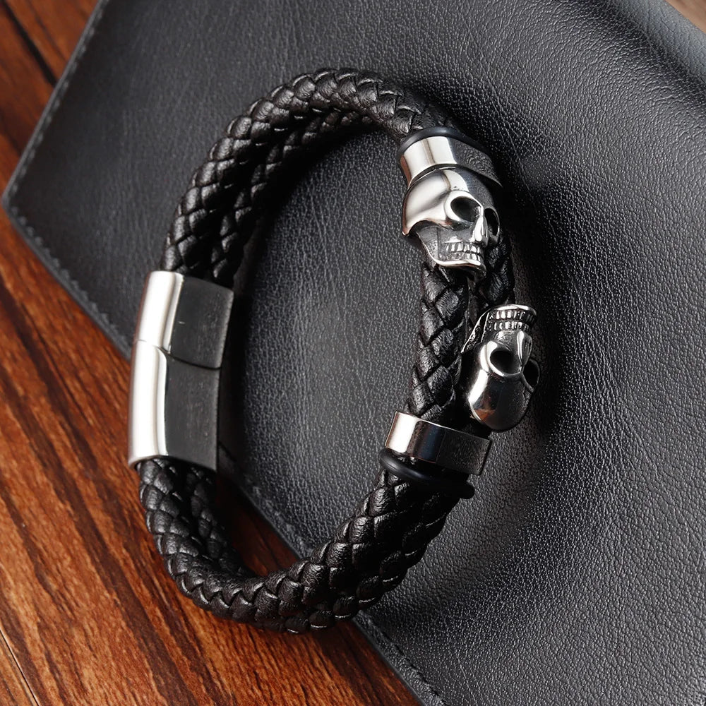 Bracelet Cuir Noir Tressé Homme et Style Punk à Fermoir Magnétique en Acier Inoxydable