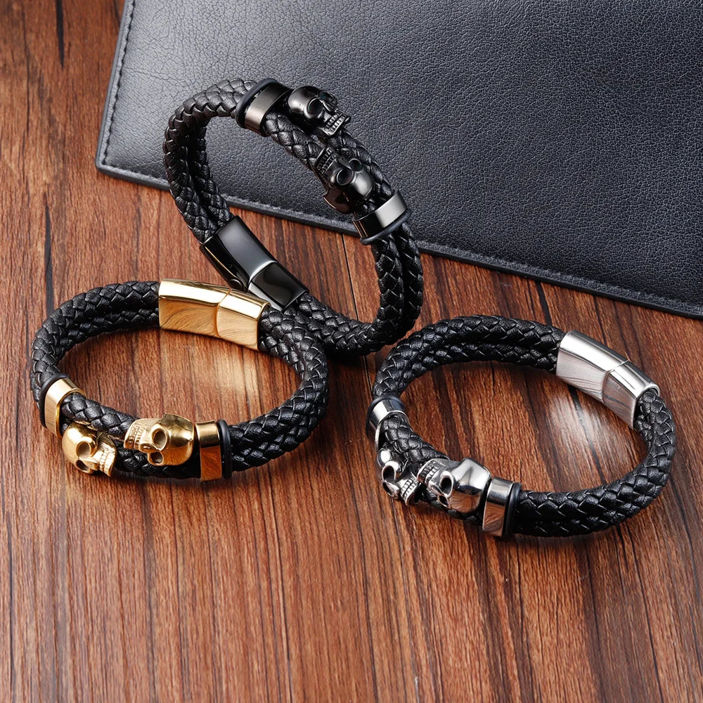Bracelet Cuir Noir Tressé Homme et Style Punk à Fermoir Magnétique en Acier Inoxydable