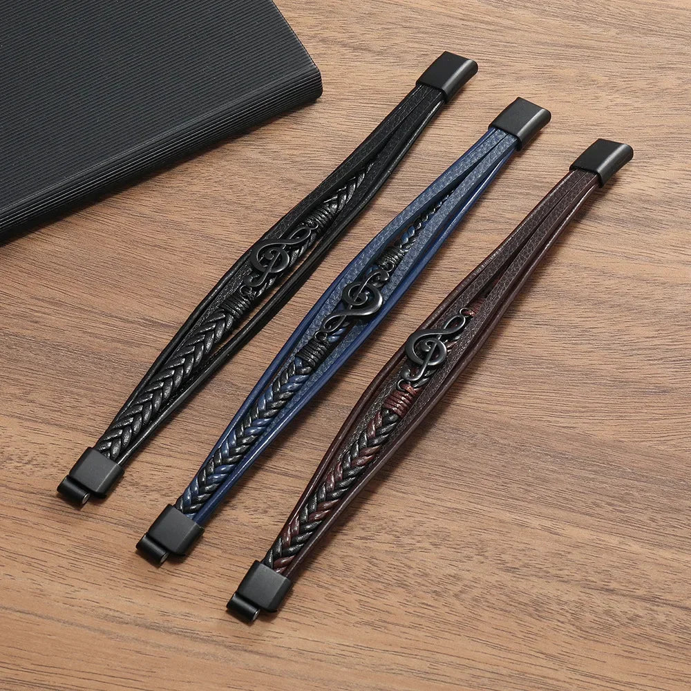 Bracelet homme multicouche en cuir avec fermoir magnétique et symbole musical – Héritage Chic
