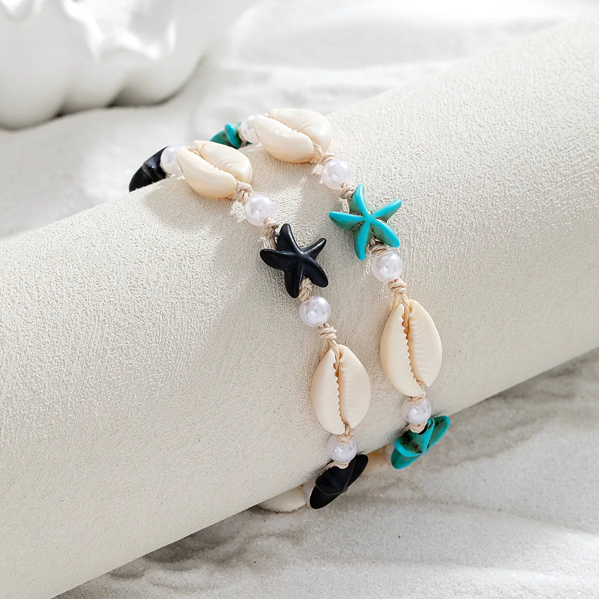 Bracelet de Cheville Coquillage Naturel, Style Bohème Été, Perles Résine et Étoiles de Mer