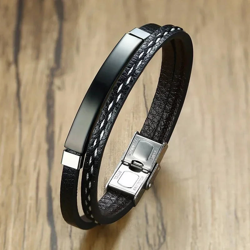 Bracelet Homme Cuir Tressé et Acier Élégance Contrastée