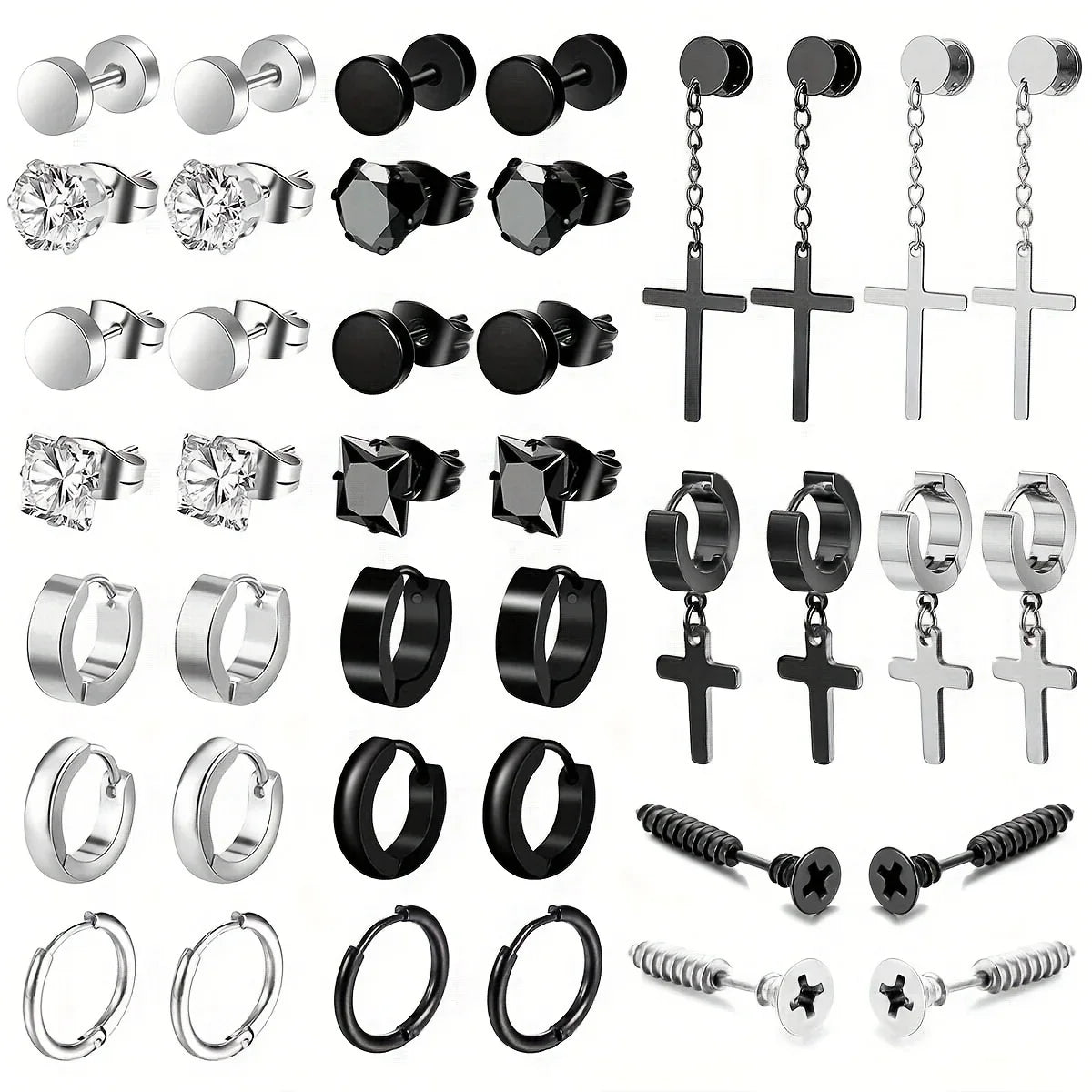 Boucles d’Oreilles Homme – Acier Inoxydable, Croix et Zircon, Plusieurs Styles