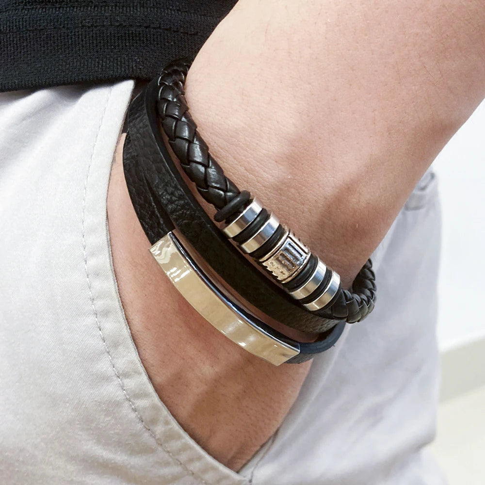 Bracelet Homme en Cuir Tressé et Acier Inoxydable – Multicouches – Élégant et Tendance