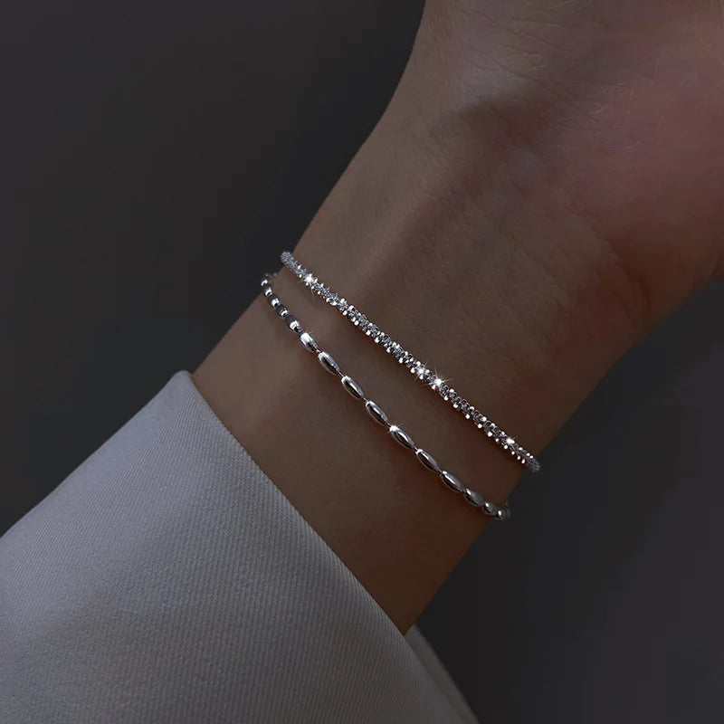 Bracelet Femme Argenté 925 – Double Chaîne Brillante Ajustable Style Coréen
