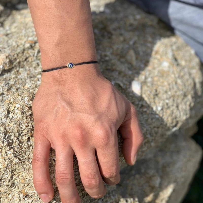 Bracelet œil bleu réglable unisexe e
 corde noire, bijoux pour couple ou seul